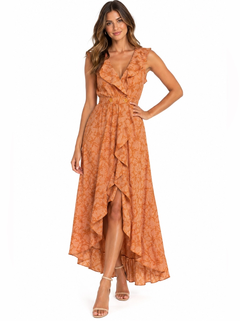 Zara NWT Peach Floral Ruffle High Low Maxi Dress Size L